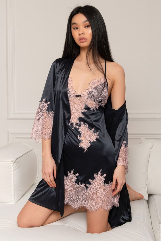 Халат шелковый с кружевом Felena Украина Black Rose 234