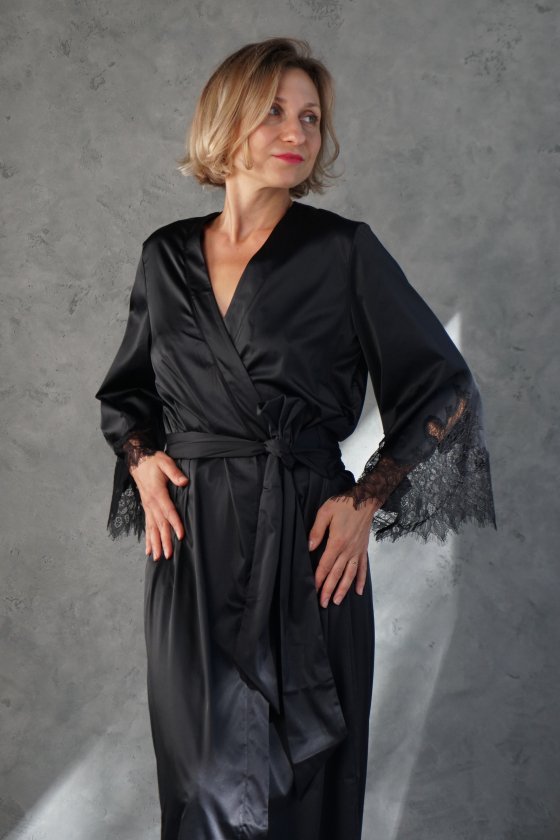 Халат з шовку довгий з мереживом Felena Україна Black Onyx 434