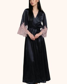 Халат довгий з шовку і мережива Black Rose 434 Felena Україна 