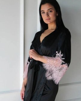 Халат довгий з шовку і мережива Black Rose 434 Felena Україна 