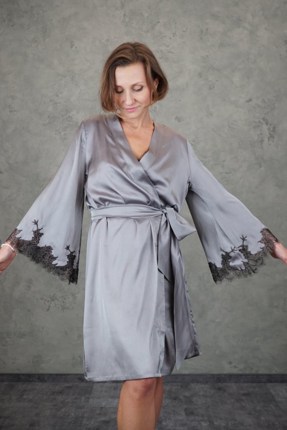 Халат короткий с кружевом Felena Украина GRAPHITE Silk-Satin 234